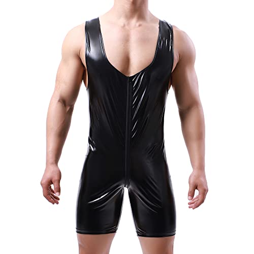 QiaTi Herren Overall Athletic Supporterseinteiliger Overall Kunstleder Overall Reißverschluss Overall Sport ärmelloser Overall schwarz von QiaTi