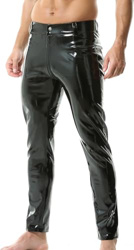 QiaTi Herren PU Leder Hose mit Reißverschluss Casual Straight Leg Kunstleder Motorrad Biker Hose von QiaTi