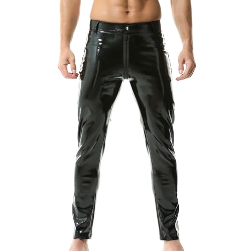 QiaTi Herren PU Leder Hose mit Reißverschluss Casual Straight Leg Kunstleder Motorrad Biker Hose von QiaTi