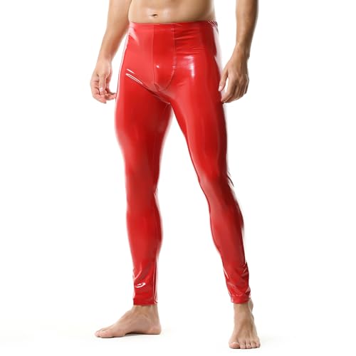 QiaTi Herren PU Lederhose Elastischer Bund Enge Hose Herren Leggings PU Slim Fit Lange Hose für Urlaub Casual von QiaTi