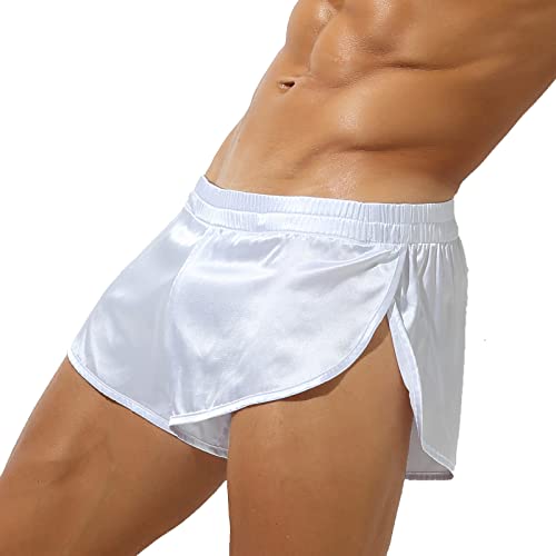 QiaTi Herren Seide Satin Boxershorts Herren Sportliche Träger Jockstrap Boxershorts Unterwäsche Silky Side Split Lounge Shorts von QiaTi