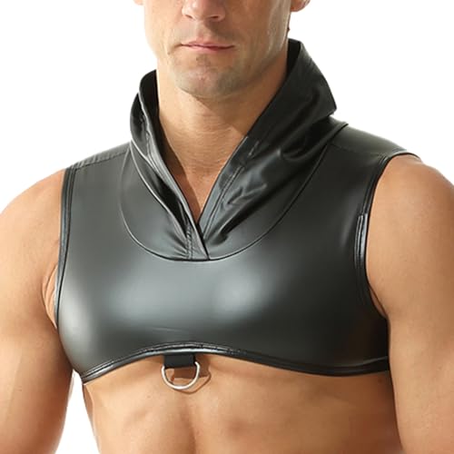 QiaTi Männer Faux Leder Kapuze Crop Top schwarz ärmellose Tank Tops Rave Open Back Halter Korsett Top für Männer von QiaTi