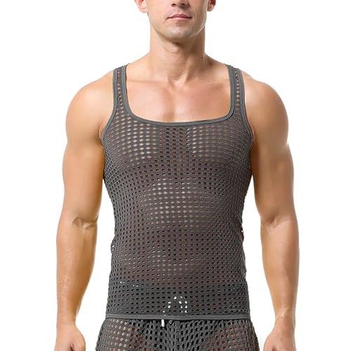 QiaTi Männer sehen durch Tank Tops Mesh Unterhemden Fischnetz Rundhalsausschnitt Shirts ärmellos von QiaTi