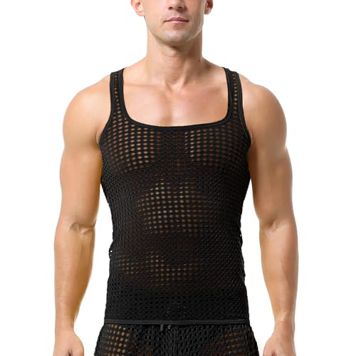 QiaTi Männer sehen durch Tank Tops Mesh Unterhemden Fischnetz Rundhalsausschnitt Shirts ärmellos von QiaTi