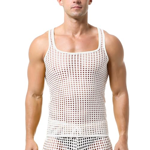 QiaTi Männer sehen durch Tank Tops Mesh Unterhemden Fischnetz Rundhalsausschnitt Shirts ärmellos von QiaTi