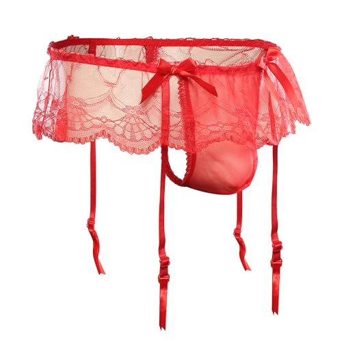 QiaTi Sissy Pouch Höschen für Männer Crossdresser Herrenunterwäsche Rock G-String Thongs Slip mit Strumpfband von QiaTi