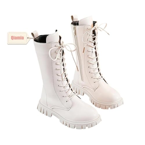 Qiamia White Boots for Girls, Girls Combat Boots Leather Lace up Side Zipper, Mid-Calf Platform Boot for 4-12 Years Old (White,11 Little Kid) von Qiamia