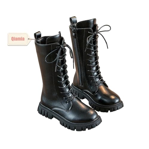 White Boots for Girls, Girls Combat Boots Leather Lace up Side Zipper, Mid-Calf Platform Boot for 4-12 Years Old (Black,1 Big Kid) von Qiamia