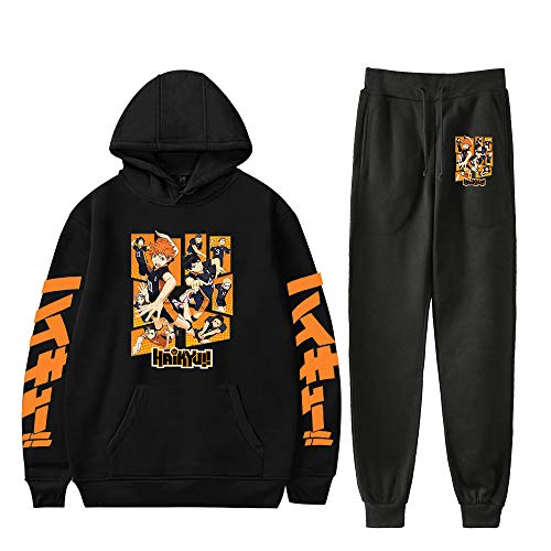 Qian Qian Haikyuu Hoodie und Jogginghose Set Volleyball Club Cosplay Kostüm Hinata Shoyo Kapuzenpullover Sportanzug Sweatshirt Sporthosen 2 Stück Sets (L, Schwarz 1) von Qian Qian