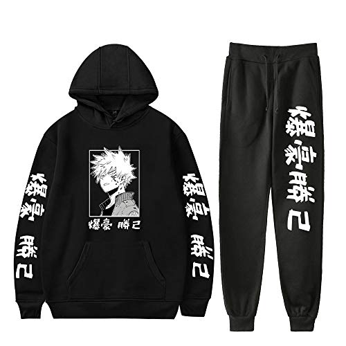 Qian Qian My Hero Academia Hoodie und Jogginghose Set Bakugou Katsuki Cosplay Kapuzenpullover Sportanzug Sweatshirt Sporthosen 2 Stück Sets (M, Schwarz 1) von Qian Qian