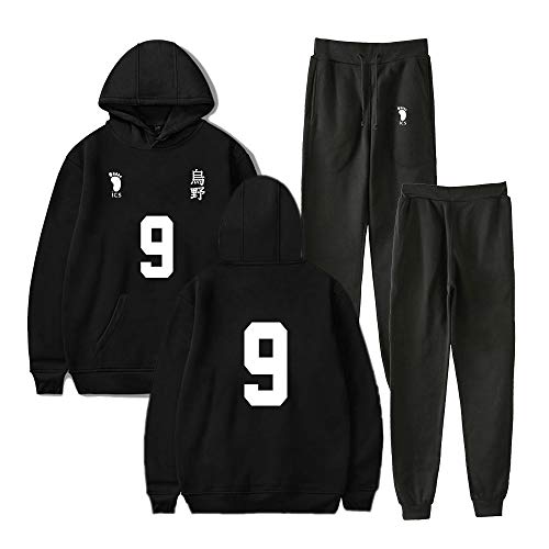 Qian Qian Unisex Haikyuu Hoodie und Hose Karasuno Hinata Shoyo Cosplay Kostüm Kapuzenpullover Sportanzug Sweatshirt Sporthosen 2 Stück Sets (L, Schwarz 9) von Qian Qian