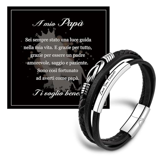 QianSiLi Papa Geschenke Vatertag, Leder Armband für Papa, Vatertag Geschenke, Geburtstag Geschenk für Papa, mit Gravur Text, 21,5cm (Schwarz von QianSiLi