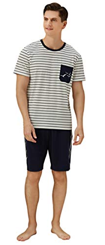 QianXiu Schlafanzug Herren Kurz Pyjama Baumwolle Kurzarm Pyjamas Set Nachtwäsche Set Zweiteiliger mit Herren Pyjamahose und Shirt Rundhals Elastischer Bund Taschen Sleepwear für Sommer von QianXiu