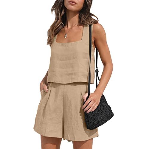Qianderer 2-teiliges Sommer-Outfit für Damen, aus Leinen, passendes Set, Lounge-Shorts, Shorts, bauchfreies Oberteil mit Taschen für Strandurlaub, Hellbraun, 36 Qianderer 2-teiliges Sommer-Outfit für Damen, aus Leinen, passendes Set, Lounge-Shorts, Shorts, bauchfreies Oberteil mit Taschen für Strandurlaub, Hellbraun, 36 von Qianderer