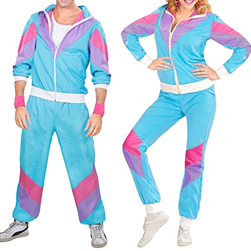 Qianderer 80er 90er Jahre Trainingsanzug Outfit Unisex Hip Hop Windbreaker Retro Jacke Disco Kostüme Halloween Party für Damen und Herren, blau, 42 von Qianderer