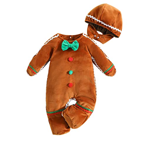Qianderer Baby Lebkuchenkostüm Junge Mädchen Weihnachten Outfit Lebkuchenmann Strampler Overall Footies mit Hut Süßes Cosplay Outfit, Ba Brown, 3-6 Months von Qianderer