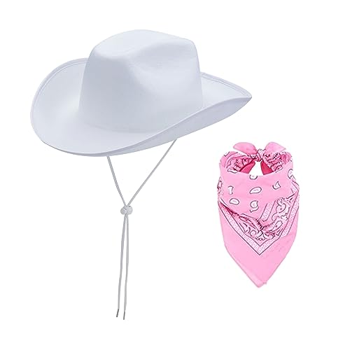 Qianderer Cowboyhut mit Bandana – Federboa, Cowgirl-Hut für Damen und Herren, Junggesellinnenabschied, Halloween, Verkleiden (Weiß, Einheitsgröße) von Qianderer