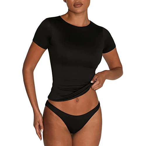 Qianderer Damen Basic T-Shirts Stretch Eng Kurzarm Crop Tops Niedlich Sommer Sommer Tops Slim Fit Tees Tops Y2k Kleidung, Ba Black, M von Qianderer