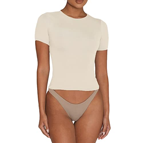 Qianderer Damen Basic T-Shirts Stretch Eng Kurzarm Crop Tops Niedlich Sommer Sommer Tops Slim Fit Tees Tops Y2k Kleidung, Ba Khaki, Small von Qianderer