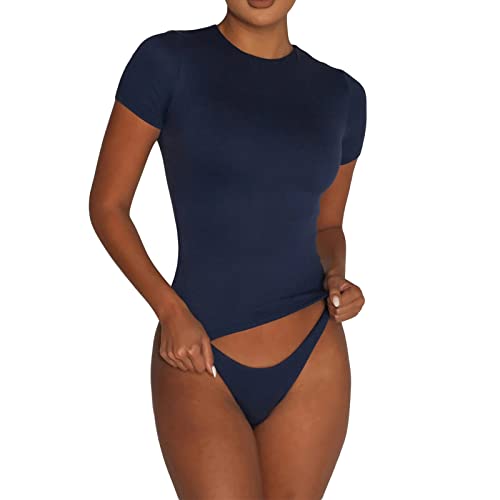 Qianderer Damen Basic T-Shirts Stretch Eng Kurzarm Crop Tops Niedlich Sommer Sommer Tops Slim Fit Tees Tops Y2k Kleidung, Ba Navy, Large von Qianderer