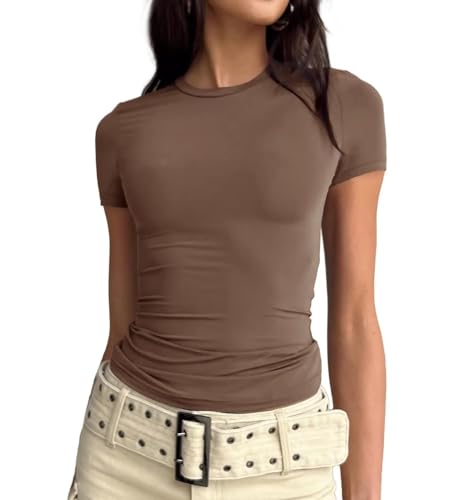 Qianderer Damen-T-Shirt, quadratischer Ausschnitt, kurzärmelig, bauchfrei, einfarbig, lässig, Sommer, Basic-T-Shirt, schmale Passform, Bc Brown, S von Qianderer