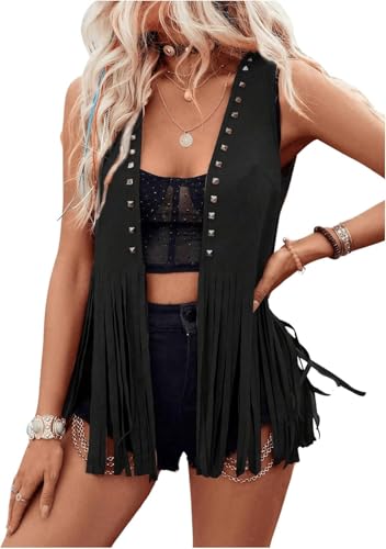 Qianderer Damen Fransen Weste 60er 70er Hippie Weste Ärmellos Cowgirl Western Faux Wildleder Quaste Lederjacke Boho Weste Vintage Hippie Outwear (Bb Schwarz, S) von Qianderer