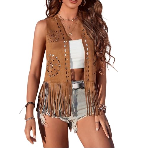 Qianderer Damen Fransenweste 60er 70er Hippie Weste Ärmellos Cowgirl Western Faux Wildleder Quaste Lederjacke Boho Weste Vintage Hippie Outwear, Ba Brown, M von Qianderer