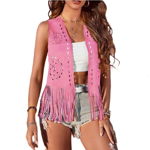 Qianderer Damen Fransenweste 60er 70er Hippie Weste Ärmellos Cowgirl Western Faux Wildleder Quaste Lederjacke Boho Weste Vintage Hippie Outwear, Ba Fuchsia, M von Qianderer