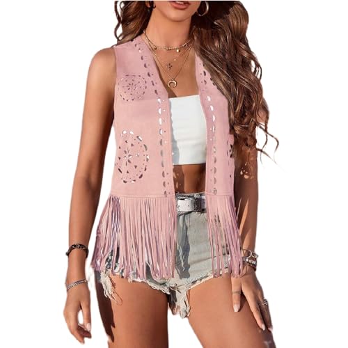 Qianderer Damen Fransenweste 60er 70er Hippie Weste Ärmellos Cowgirl Western Faux Wildleder Quaste Lederjacke Boho Weste Vintage Hippie Outwear, Ba Pink, S von Qianderer