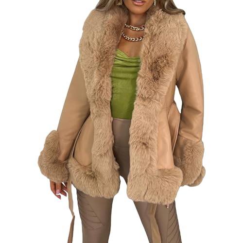 Qianderer Damen Kunstleder Jacke Mantel Parka Mantel Open Front Jacke Plüschkragen Warm Cardigan mit Gürtel Outwear Streetwear, braun, 36 von Qianderer