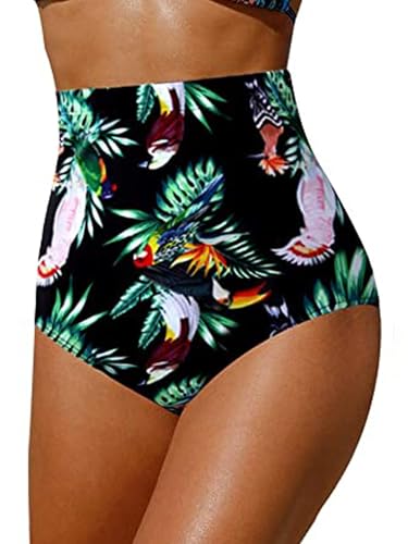 Qianderer Damen Plus Size Hohe Taille Bikinihose Bauchweg Tankini Hose Badeanzug Bikini Bademode Badeshorts Slip, Ba Schwarz Grün, XL von Qianderer