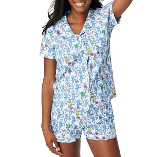 Qianderer Damen-Pyjama-Set mit süßem Aufdruck, zweiteilig, Y2k, kurzärmelig, Nachtwäsche, Loungewear, 2-teiliges Pyjama-Set, Bd Monkey Dunkelblau, S von Qianderer