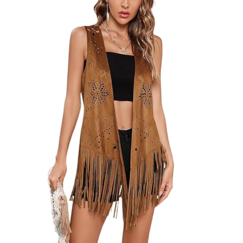 Qianderer Damen Quaste Ärmellose Weste Faux Wildleder Fransen Weste Jacke 70er Hippie Kostüm Boho Western Jacke Mantel, Xb Brown, S von Qianderer