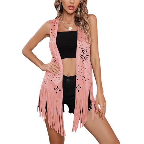 Qianderer Damen Quaste Ärmellose Weste Faux Wildleder Fransen Weste Jacke 70er Hippie Kostüm Boho Western Jacke Mantel, Xb Pink, S von Qianderer