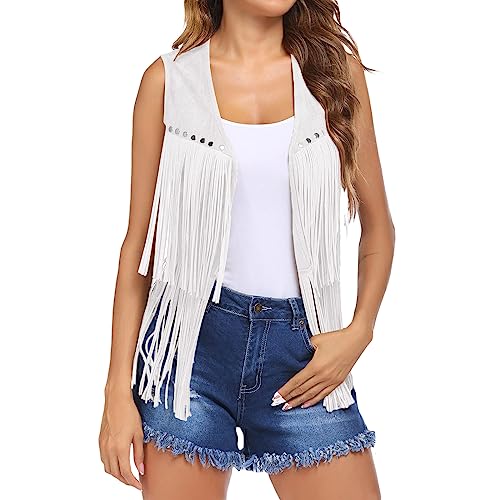 Qianderer Damen Quaste Ärmellose Weste Faux Wildleder Fransen Weste Jacke 70er Hippie Kostüm Boho Western Jacke Mantel, weiß, M von Qianderer
