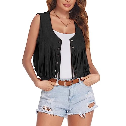 Qianderer Damen Quaste Ärmellose Weste Faux Wildleder Fransen Weste Jacke 70er Jahre Hippie Kostüm Boho Western Jacke Mantel, Xa Black, S von Qianderer