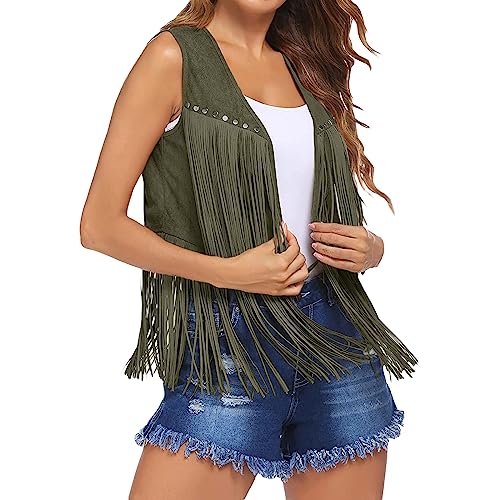 Qianderer Damen Quaste Ärmellose Weste Faux Wildleder Fransen Weste Jacke 70er Jahre Hippie Kostüm Boho Western Jacke Mantel, armee-grün, S von Qianderer