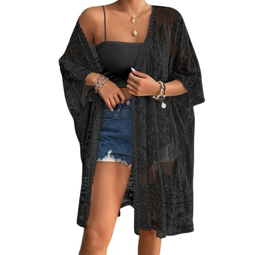 Qianderer Damen Spitze Kimonos Bikini Cover Up Sommer Strand Coverup Badeanzug 3/4 Ärmel Open Front Sheer Mesh Crochet Kimono Cardigan, Ba Black, One size von Qianderer