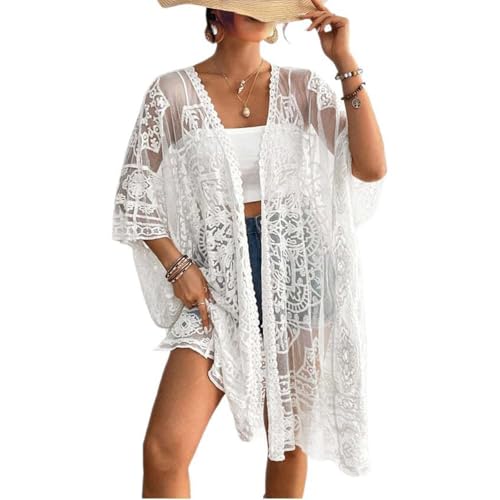 Qianderer Damen Spitze Kimonos Bikini Cover Up Sommer Strand Coverup Badeanzug 3/4 Ärmel Open Front Sheer Mesh Crochet Kimono Cardigan, Ba White, One size von Qianderer