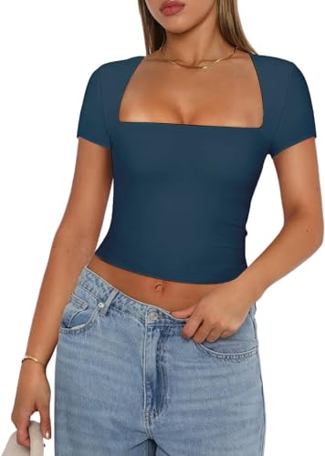 Qianderer Damen-T-Shirt, quadratischer Ausschnitt, kurzärmelig, bauchfrei, einfarbig, lässig, Sommer, Basic-T-Shirt, schmale Passform, Ca Square Neck Dunkelblau, S Qianderer Damen-T-Shirt, quadratischer Ausschnitt, kurzärmelig, bauchfrei, einfarbig, lässig, Sommer, Basic-T-Shirt, schmale Passform, Ca Square Neck Dunkelblau, S von Qianderer