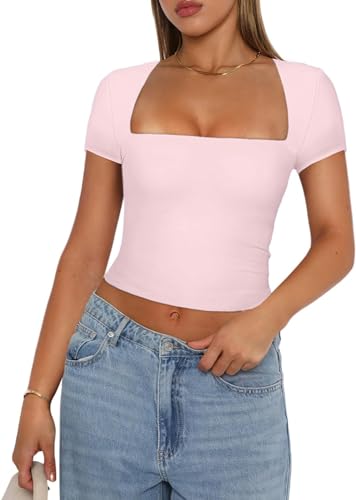 Qianderer Damen-T-Shirt, quadratischer Ausschnitt, kurzärmelig, bauchfrei, einfarbig, lässig, Sommer, Basic-T-Shirt, schmale Passform, Ca Square Neck Pink, M von Qianderer