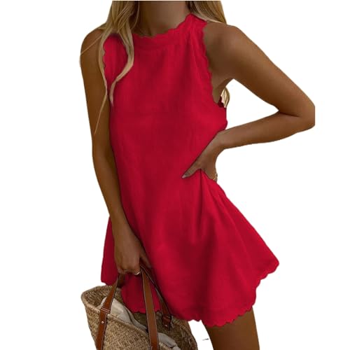 Qianderer Damen Y2K ärmelloses Tankkleid, Neckholder, Jakobsmuschel Sommer, lässig, A-Linie, Minikleid, Strand, Leinen, Neckholder, Sommerkleid, Ba Red, Small von Qianderer