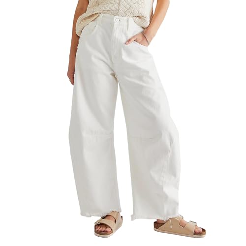 Qianderer Damen Y2k Baggy Jeans Weites Bein Mid Waist Denim Pants Boyfriend Cropped Barrel Jeans mit Taschen, Xb White, XL von Qianderer