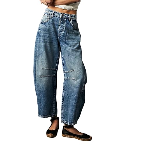 Qianderer Damen Y2k Baggy Jeans Weites Bein Mid Waist Denim Pants Boyfriend Cropped Barrel Jeans mit Taschen, dunkelblau, L von Qianderer