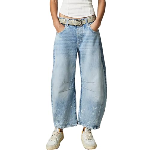 Qianderer Damen Y2k Baggy Jeans Weites Bein Mid Waist Denim Pants Boyfriend Cropped Barrel Jeans mit Taschen, hellblau, XL von Qianderer