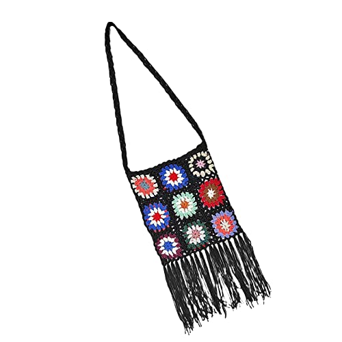 Qianly Umhängetasche Aus Gehäkeltem Material mit Quaste für Den Strand, Schwarz von Qianly
