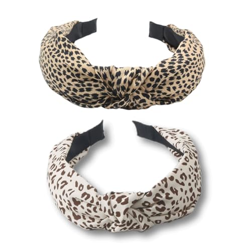 Qiantull 2 Stück Haarreifen Damen Stirnband Haarreif Breite Haarbänder Stirnbänder mit Knoten Haarband Haarschmuck Verknotet Haarreifen für Frauen Mädchen Leopardenmuster 1# + 2# von Qiantull