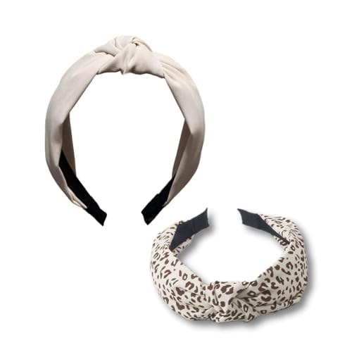 Qiantull 2 Stück Haarreifen Damen Stirnband Haarreif Breite Haarbänder Stirnbänder mit Knoten Haarband Haarschmuck Verknotet Haarreifen für Frauen Mädchen Leopardenmuster 1# + Beige von Qiantull