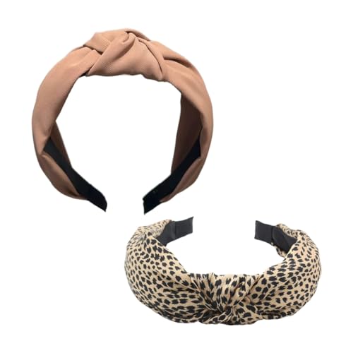 Qiantull 2 Stück Haarreifen Damen Stirnband Haarreif Breite Haarbänder Stirnbänder mit Knoten Haarband Haarschmuck Verknotet Haarreifen für Frauen Mädchen Leopardenmuster 2# + Khaki von Qiantull