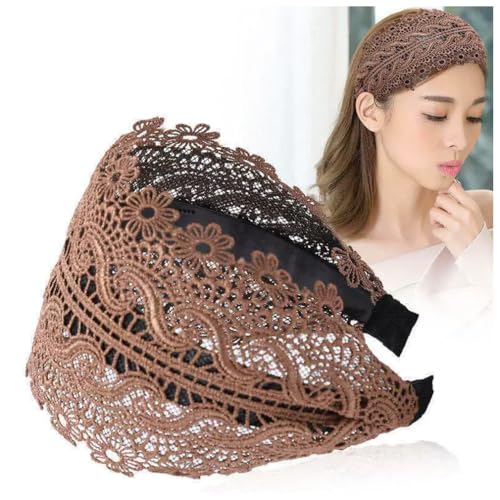 Qiantull Haarreif Breit Haarband Stirnband Vintage Spitze Blume Haarreifen Haarbänder Kopfschmuck Kopfband Haarschmuck Stirnbänder Haar-Zubehör für Frauen Mädchen 11cm Breit Kaffee von Qiantull